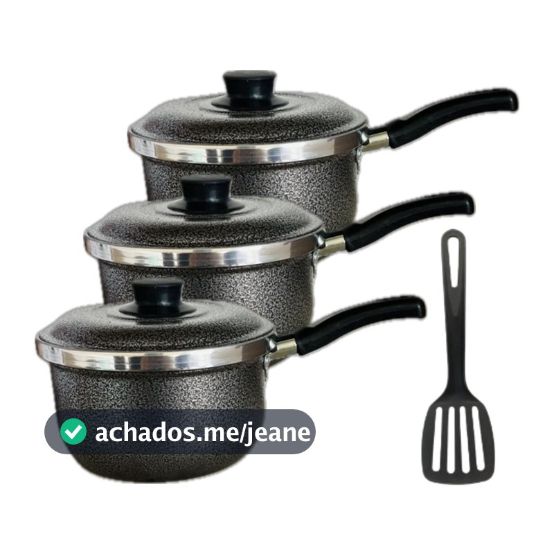 Kit 3 Caçarolas Com Cabo Panelas Alumínio CRAQUELADO, 1 Espatula N. 18 e N. 16 N. 14,