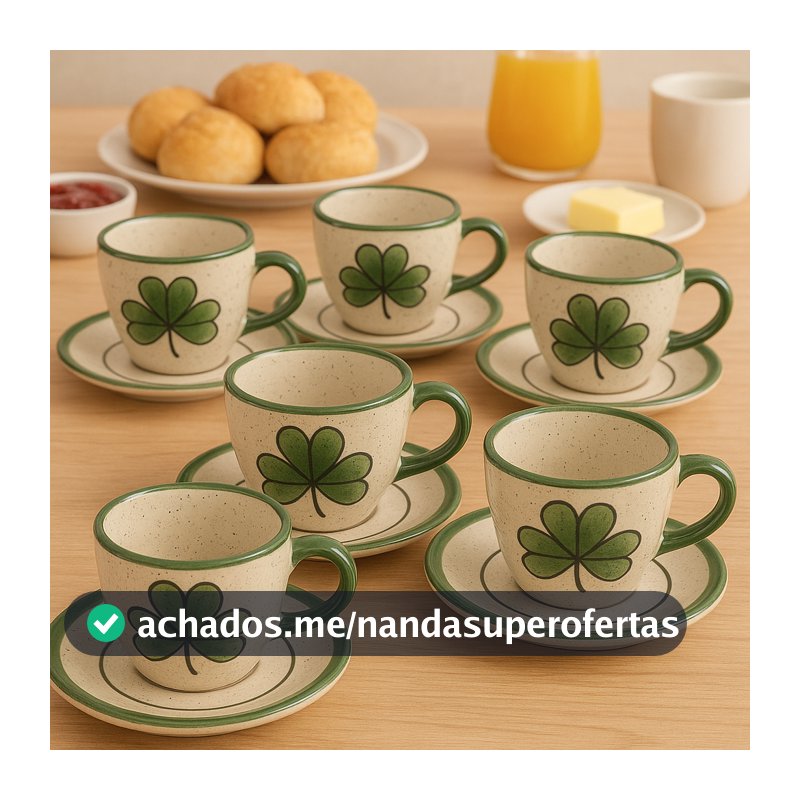 Conjunto 6 Xícaras de Café com Pires em Cerâmica Verde e Bege Estilo Rústico e Elegante