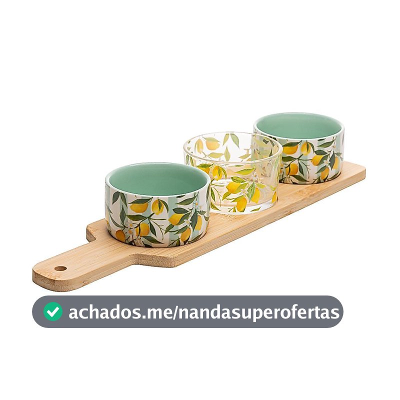 Conjunto 4 Peças para Servir Siciliano Bambu Lyor com 3 Petisqueiras e Bandeja para Molhos Petiscos Mesas Posta Charmosa