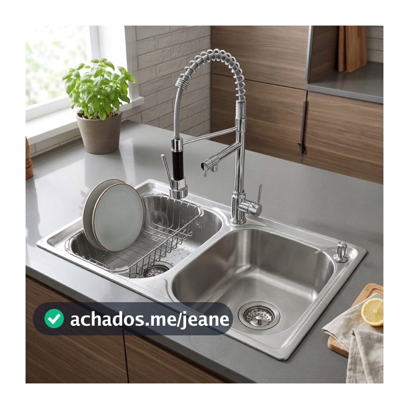 Kit Cuba Dupla Gourmet Cozinha Aço Inox 78x43 e Torneira Monocomando Luxo Completo