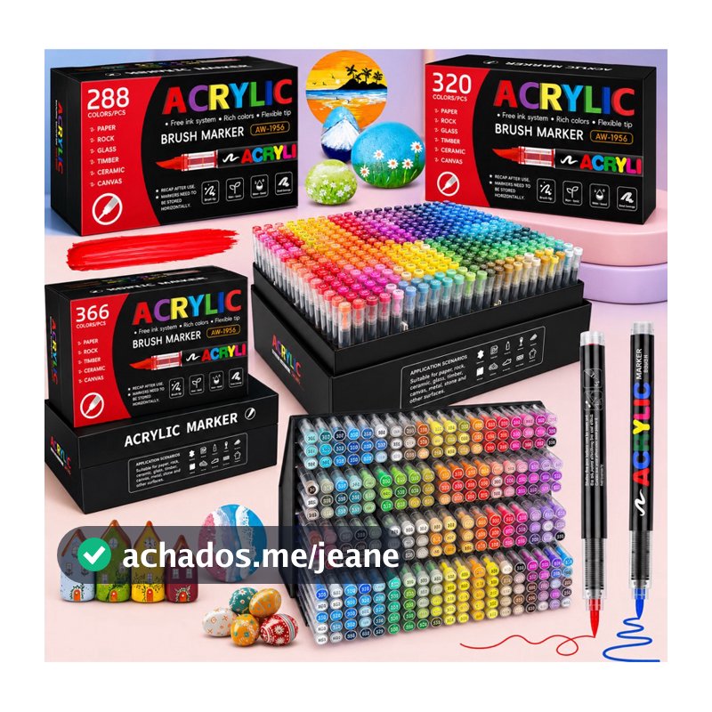 Caneta Marcadora Acrílica Kit 288/320/366 Cores – Tinta para Pedra, Vidro, Cerâmica, Madeira, Tela e DIY, Impressao 3D