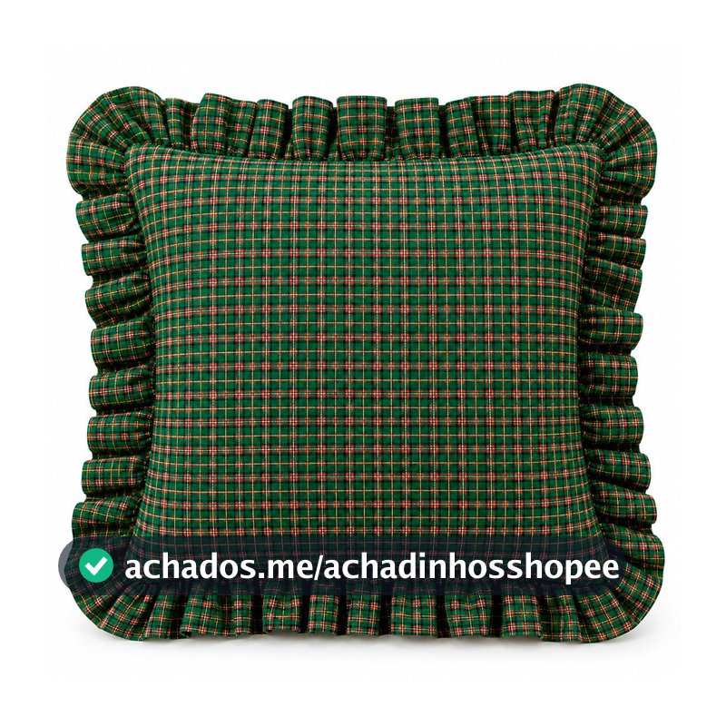 Almofada Natal Xadrez Verde com Lurex e Babado – 45x45 cm