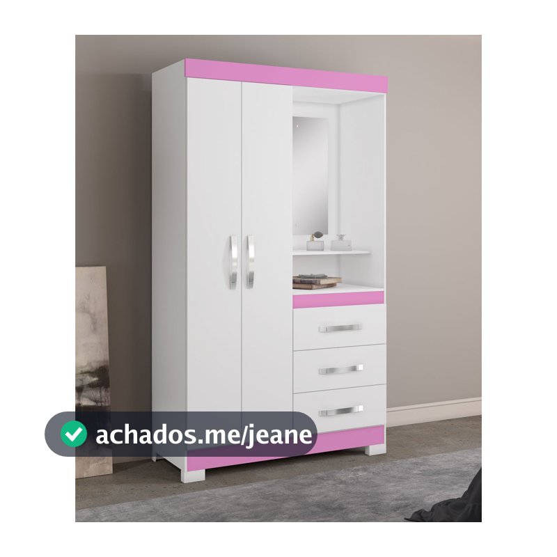 Guarda-Roupa Para Quarto Solteiro Moderno Denali 2 Portas 3 Gavetas com Espelho Rosa - MoveisAqui