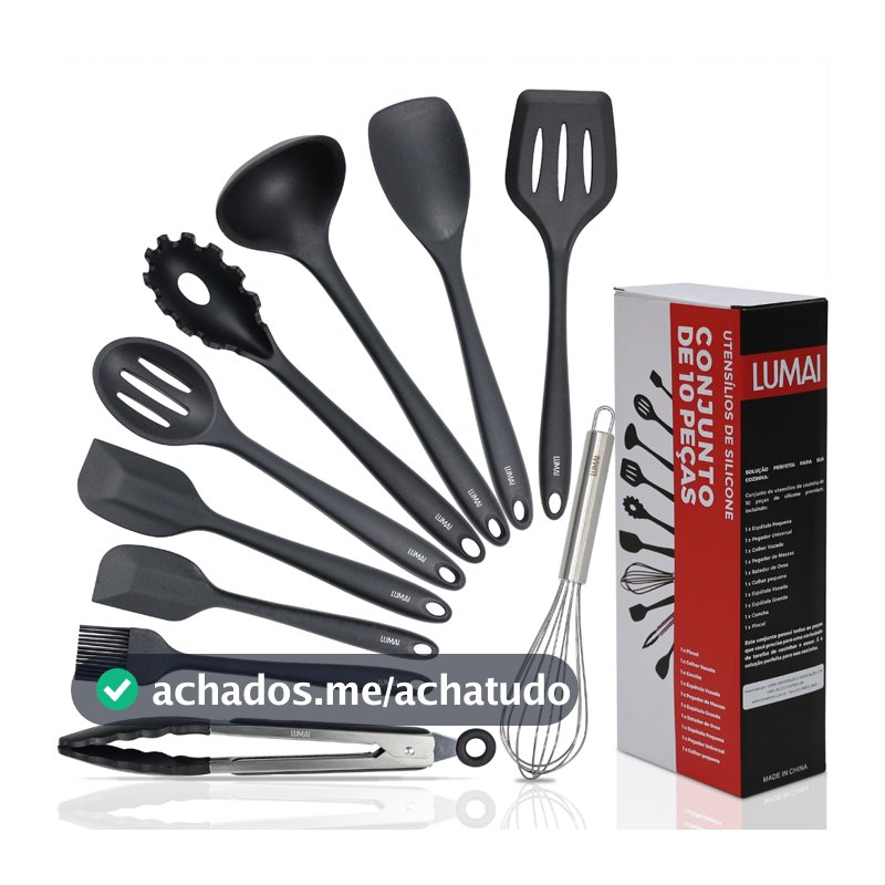 Lumai Kit 10 Utensílios de Cozinha Miami Silicone Legitimo Espátulas Colheres Concha Batedor Pegador