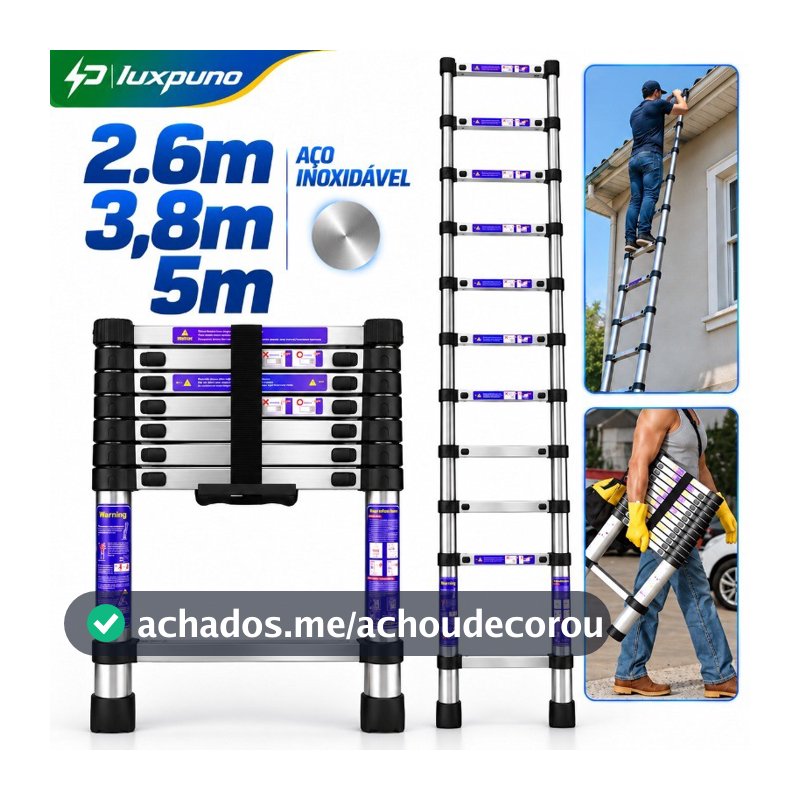 Escada Telescópica Em Aço Inoxidável Multifuncional 2,6m–5m Suporte 150 Kg Grau 13 Degraus Portátil Antiderrapante