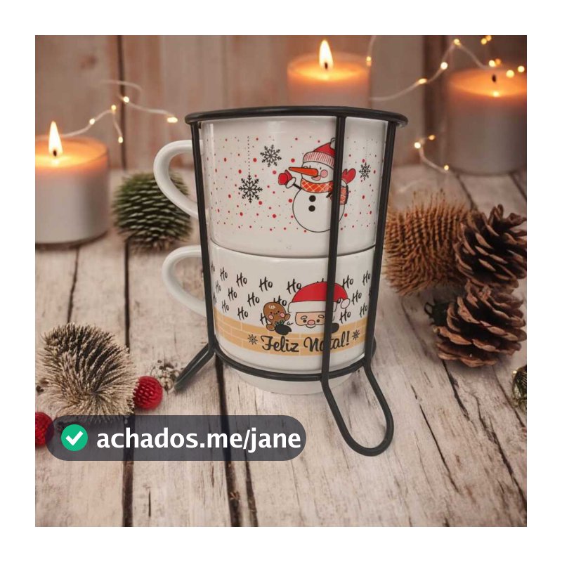 Kit 2 Xicaras Porcelana Chá Café Natal + Suporte Metal
