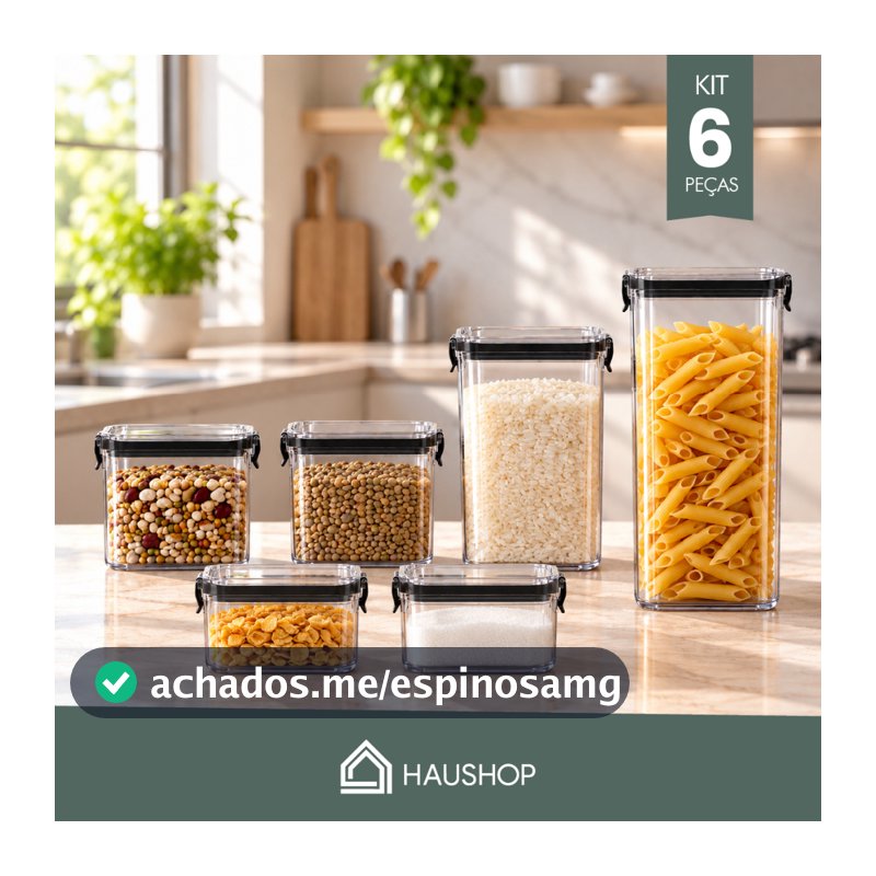 Potes Herméticos Kit 6 Unidades Plásticos Haushop BPA Free Para Alimentos Porta Mantimentos Organizador Cozinha