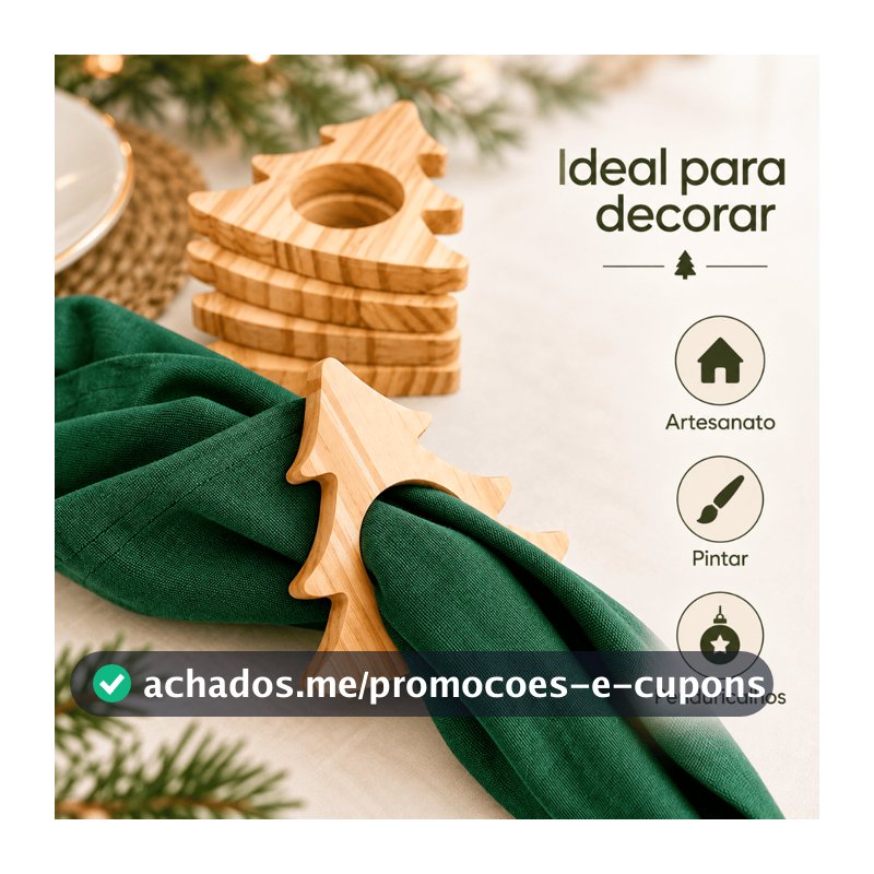 Kit Natal 10 Argola Porta Guardanapo Estrela Anjo Madeira Pinus Decoração Adorno Mesa Posta