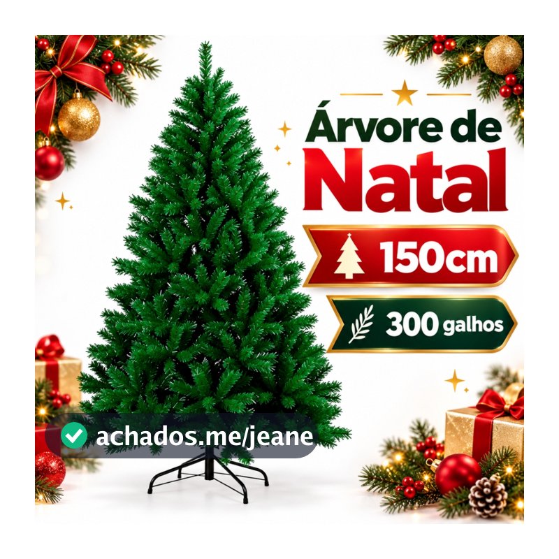 Árvore Natalina 150cm 300 Galhos Verde Artificial Desmontável com Base Decoração de Natal Casa