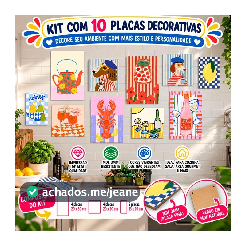 Kit 10 Placas Decorativas MDF Cozinha Quadros decoração Retrô Divertidos - cantinho café -listras xadrez