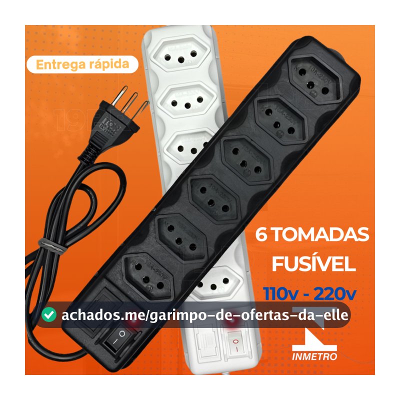 Filtro de Linha Régua de Tomadas 6 Tomadas Tripolar 10 Amperes Com Fusível