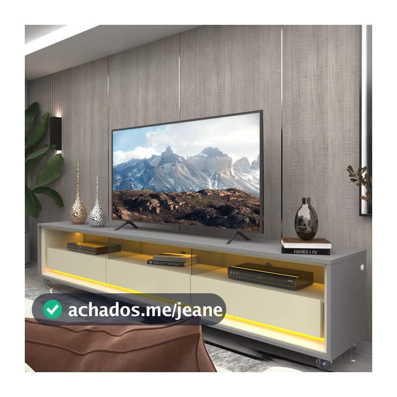 Rack para TV até 85 Polegadas com LED 100% MDF 211,4cm Rodízios Requinte Yescasa Cinza Cinza/Off White