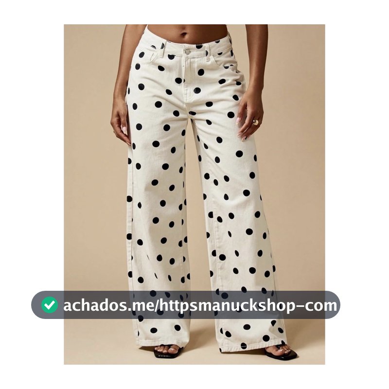 Novo jeans Feminino Com Estampa De Bolinhas , Cintura Média , Perna Larga