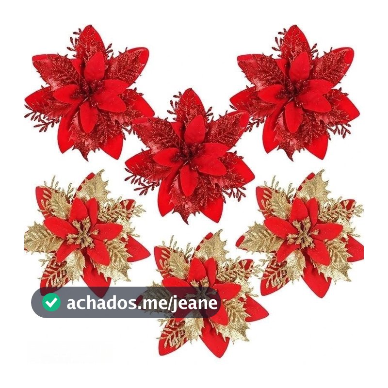 10 Peças Flor Natal Brilhante 14cm Dourada Vermelha Enfeites Cabeça Flores Presente Decoração Casa