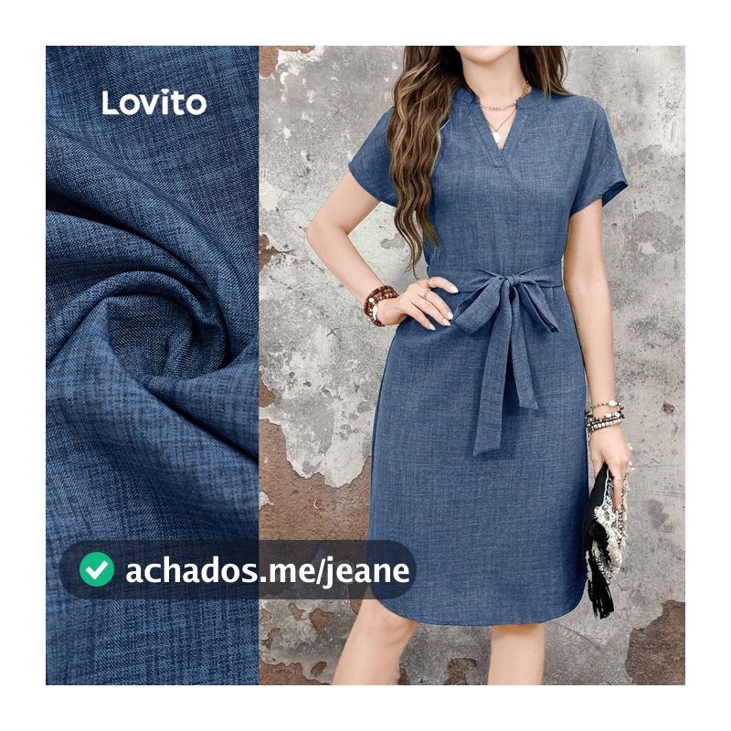 Lovito Casual Vestido Midi com Cinto para Primavera/verão Azul para Mulheres LBL29086