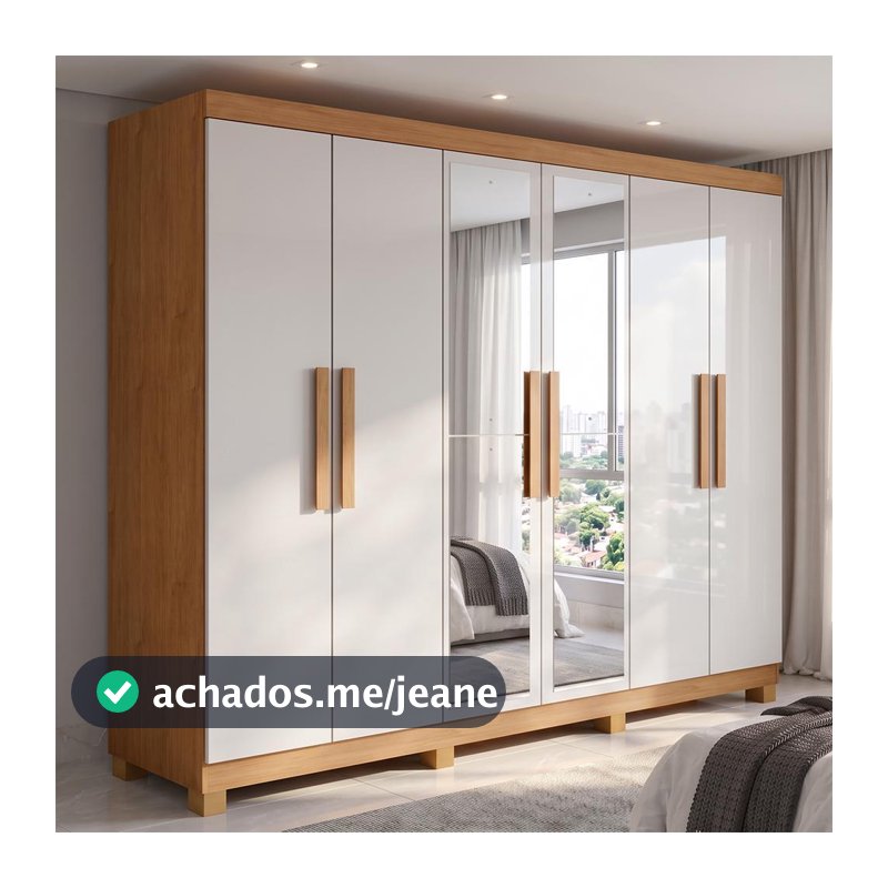 Guarda Roupa Casal 6 Portas Easy Slim com Espelho e Pés Amendoa/Off White