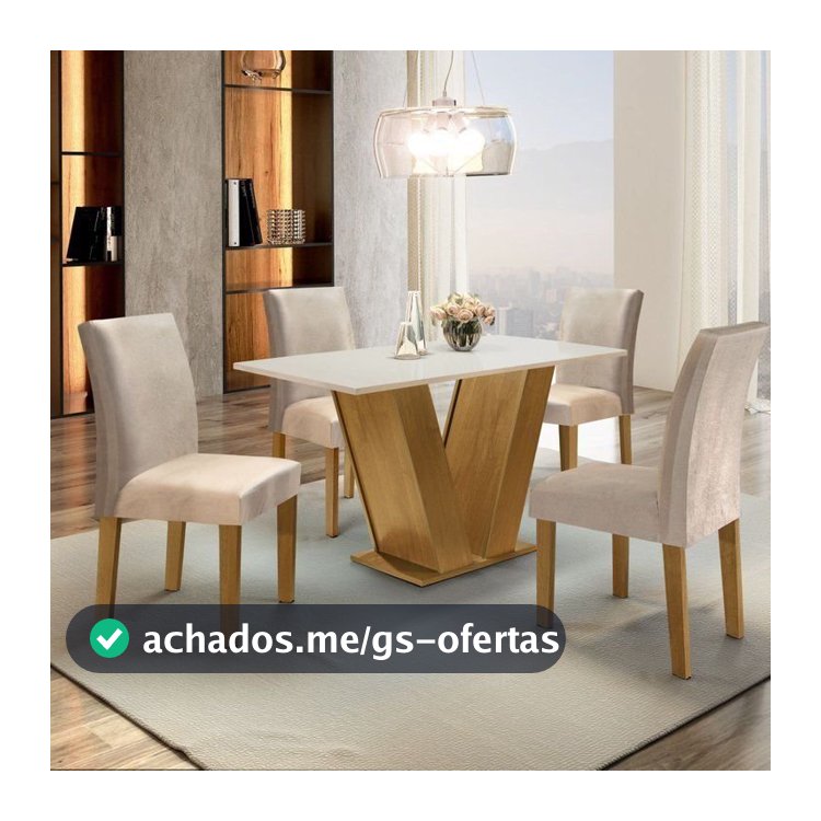 Conjunto Sala de Jantar Mesa Tampo MDF 4 Cadeiras Espanha Yescasa Ypê/Off White/Tecido Pena