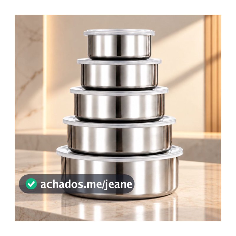 Kit 5 Tigelas Inox Com Tampa Potes Redondos 250ml a 1200ml Jogo de Pote Hermético Cozinha
