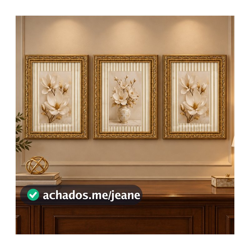 Quadro Decorativo 3 Pecas Botanico Flores Magnolia Moldura Dourada Sala com Vidro