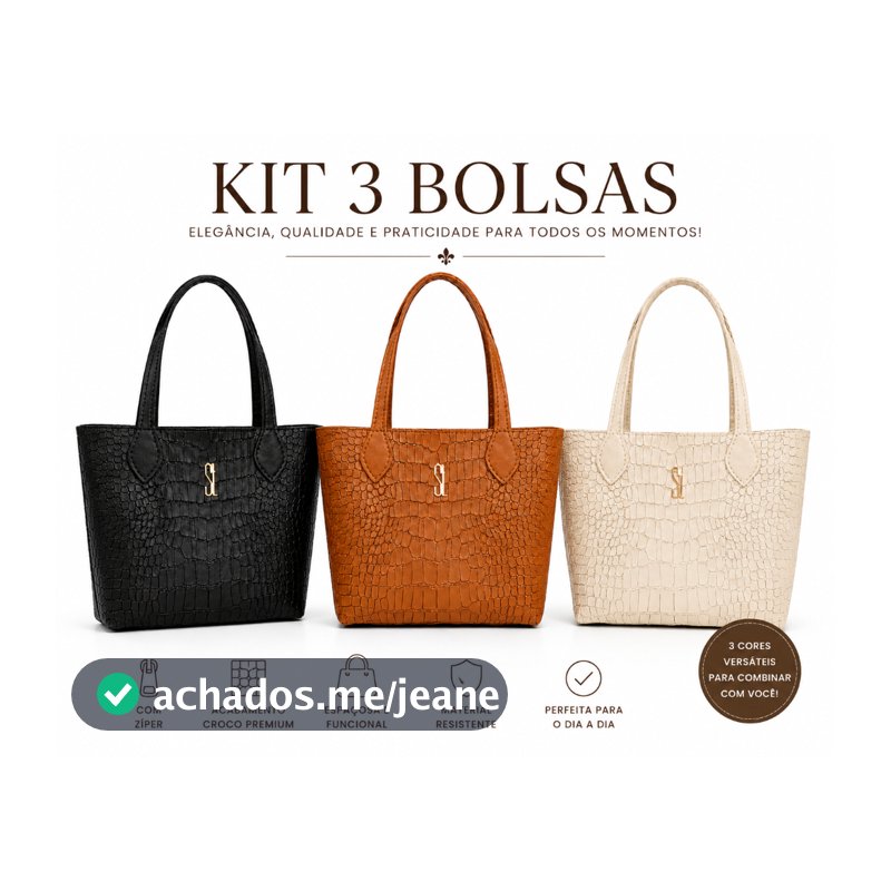 Kit 3 Bolsas Femininas Tote Croco Premium Zíper Elegante Espaçosa Bolsa de Ombro para Trabalho Dia a Dia