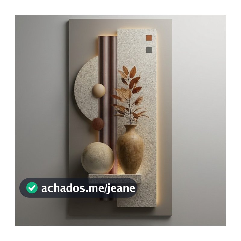 Quadro Decorativo Abstrato 3D Vaso de Cerâmica e Folhas Secas