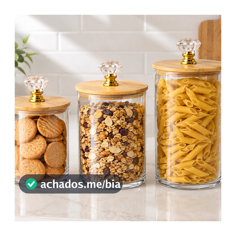 Kit 3 Potes Herméticos Acrílico Premium Redondos Lisos Tampa Bambu e Cristal