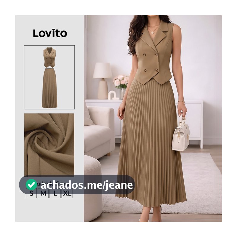 Lovito Elegante Saias Cáqui de Pregas Botão Frontal para Primavera/Verão KSK8BR169