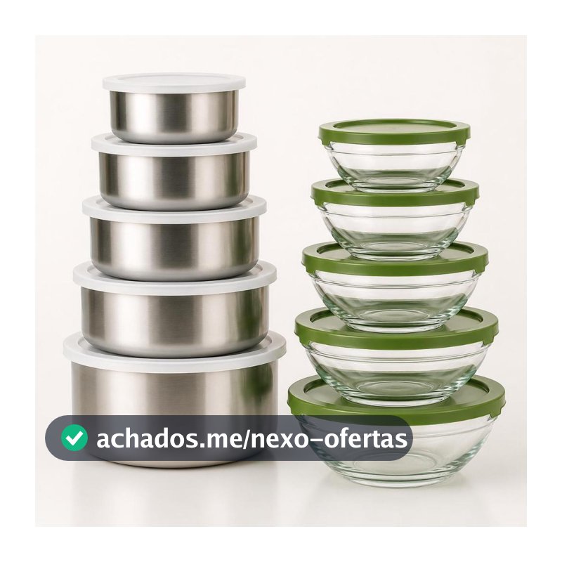 Kit 10 Potes Herméticos 5 Vidro Tigela + 5 Pote Inox com Tampa para Armazenar Alimentos Organizador de Cozinha