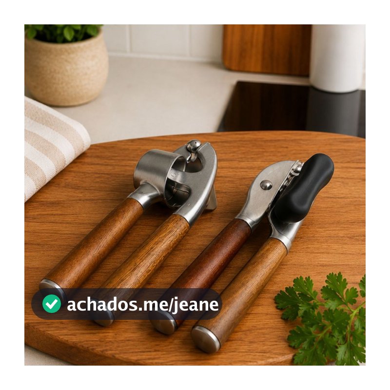 Kit Espremedor de Alho + Abridor de Latas em Aço Inox com Cabo de Madeira | Utensílios de Cozinha Premium Resistente Gou