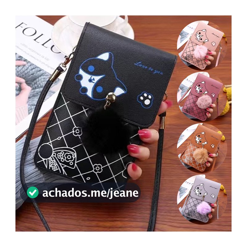 gatinho Mochila feminina de ombro para celular com tela sensível ao toque.
