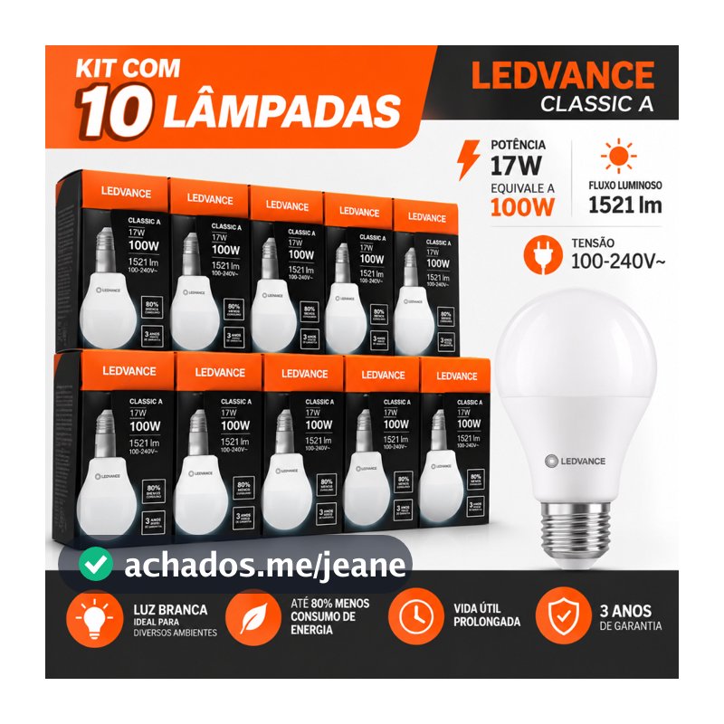 Kit 10 Lâmpadas LED Ledvance Osram 17W Equivalente 100W Bivolt 1521 Lúmens Base E27 Luz Branca