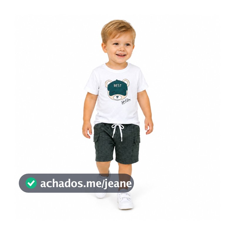 Conjunto Infantil Masculino Estampa Urso E Shorts Com Bolso Design Moderno E Cheio De Charme Tam 1 a 3 anos