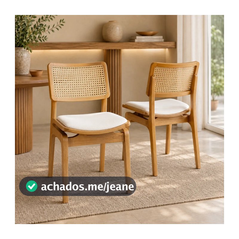Kit Com 2 Cadeiras Em Madeira Maciça Reforçada Pesada Estofada Encosto Rattan Linho Branco