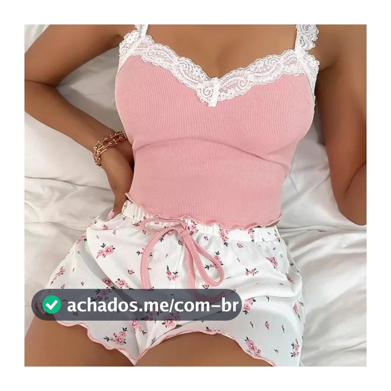 Conjunto De Pijama Feminino Renda Retalhos Com Decote Em V Pijamas Sexy Camisola Terno Cami Topo Impresso Shorts Macios