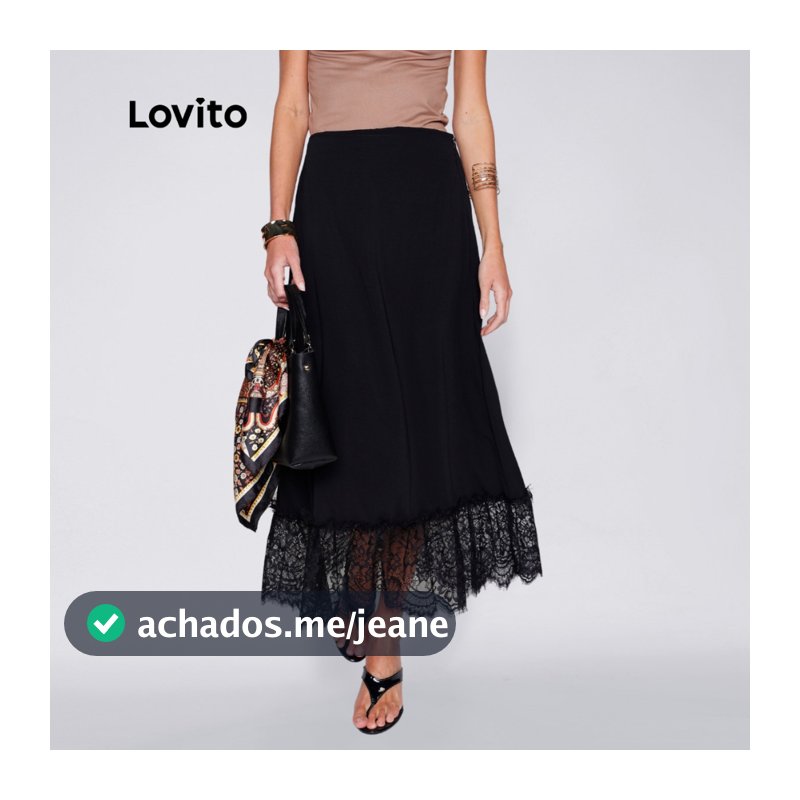 Lovito Saia Midi Com Renda na Barra Moda Feminina BRSKB18571887
