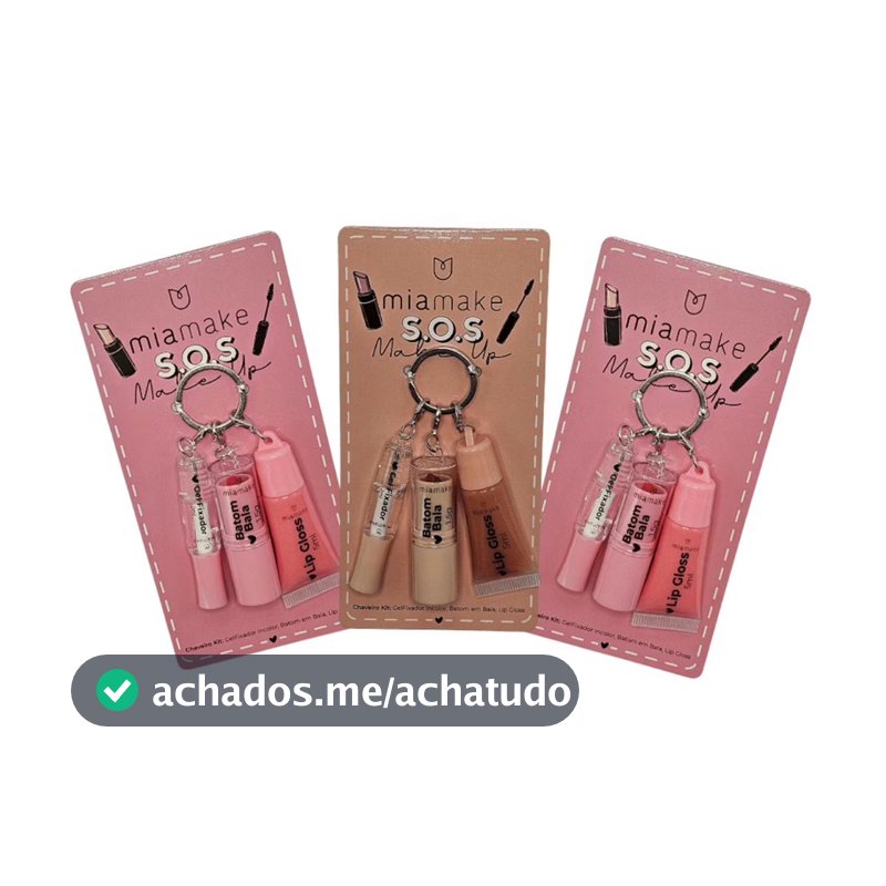 3 Kit SOS chaveiro Make Up Mia Make 3 em 1 - Gel Fixador - Batom - Gloss