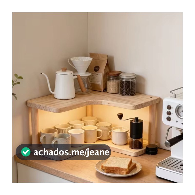 Prateleira de Canto 2 Andares em Madeira Organizador para Cozinha Cantinho do Café Bancada Multiuso Decorativa