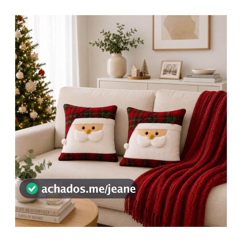 Capa Para Almofada Xadrez Decoração Natal Papai Noel 45x45cm