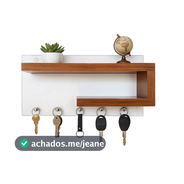 Porta-Chaves de Parede Chaveiro com Prateleira Decorativa em MDF 25x13x8,5 cm  Amadeirado, Branco e preto