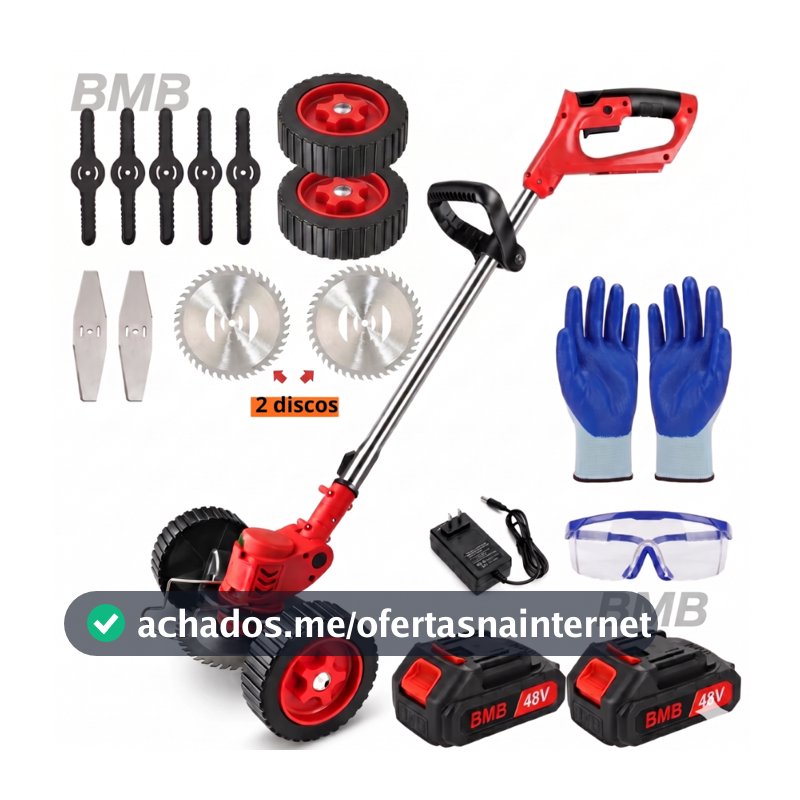 Roçadeira Aparador Cortador De Grama Elétrico Recarregável Com Rodas 2 Baterias de Lítio kit completo