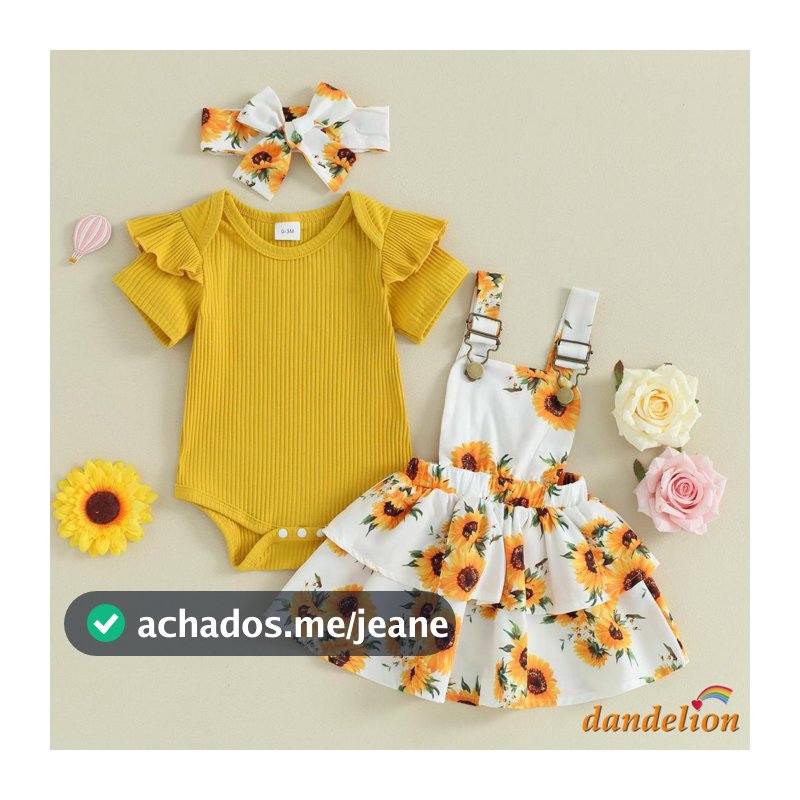 Conjunto de Roupas para Bebês Meninas 3 Peças: Macacão de Manga Curta em Malha + Saia com Suspensório Floral + Faixa de Cabelo
