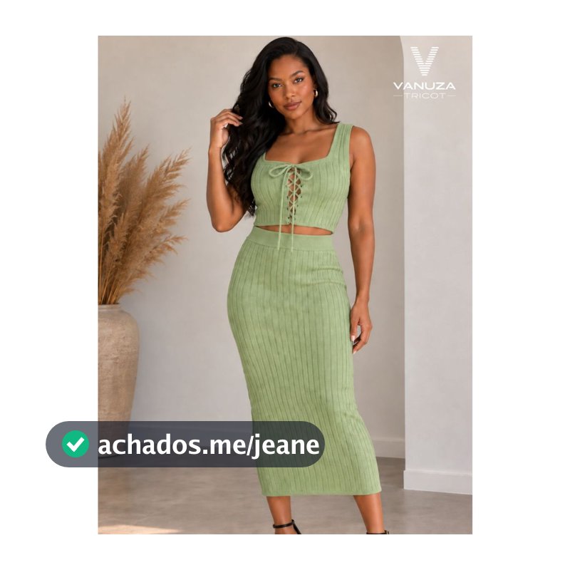 Conjunto Feminino Tricot Cropped Com Amarração Na Frente Alça Larga Saia Longa Tricô Moda Verão