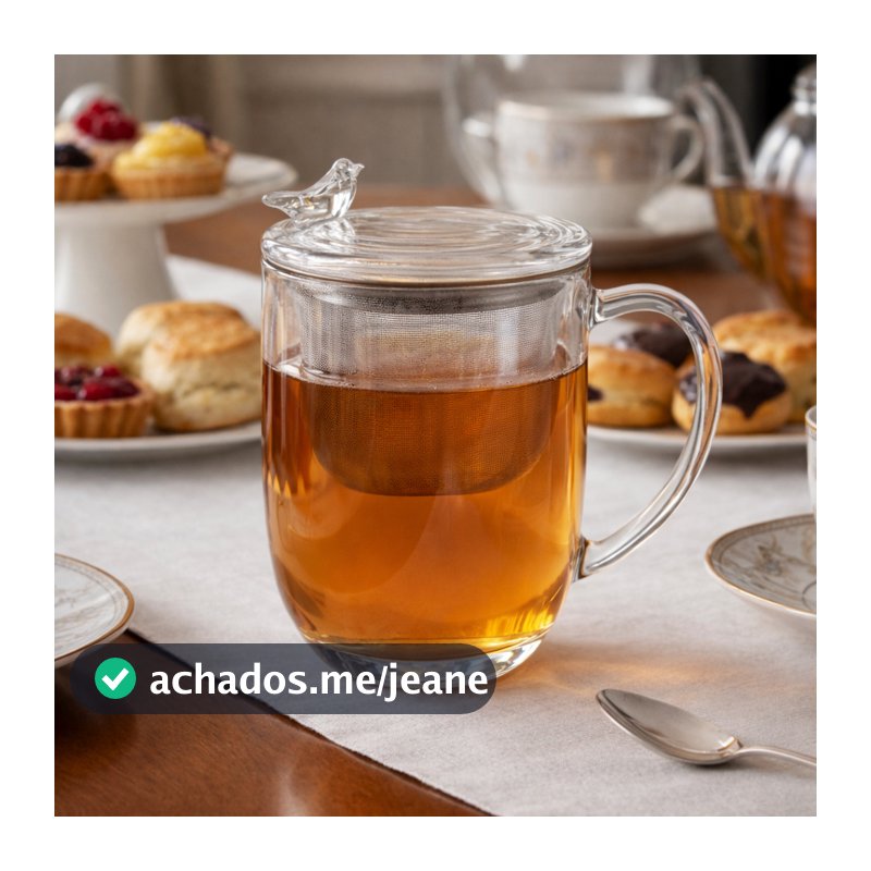 Caneca Para Chá Wolff Bird 350ml Cristal Tampa E Filtro Luxo Incolor Com Pássaro Na Tampa