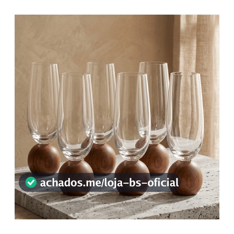 Jogo 6 Taças para champanhe Mori em vidro bubble Esfera Bola madeira acácia 200ml Luxo Moderno