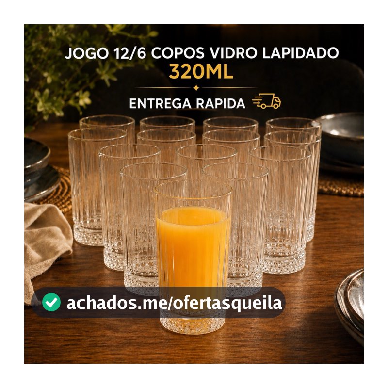 Jogo 12/6 Copos Vidro Lapidado 320ml Grosso Transparente Long Drinks