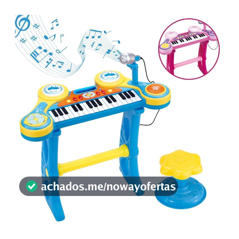 Teclado Piano Infantil Com Microfone e Banquinho Instrumento Musical Brinquedo com Luz e Som