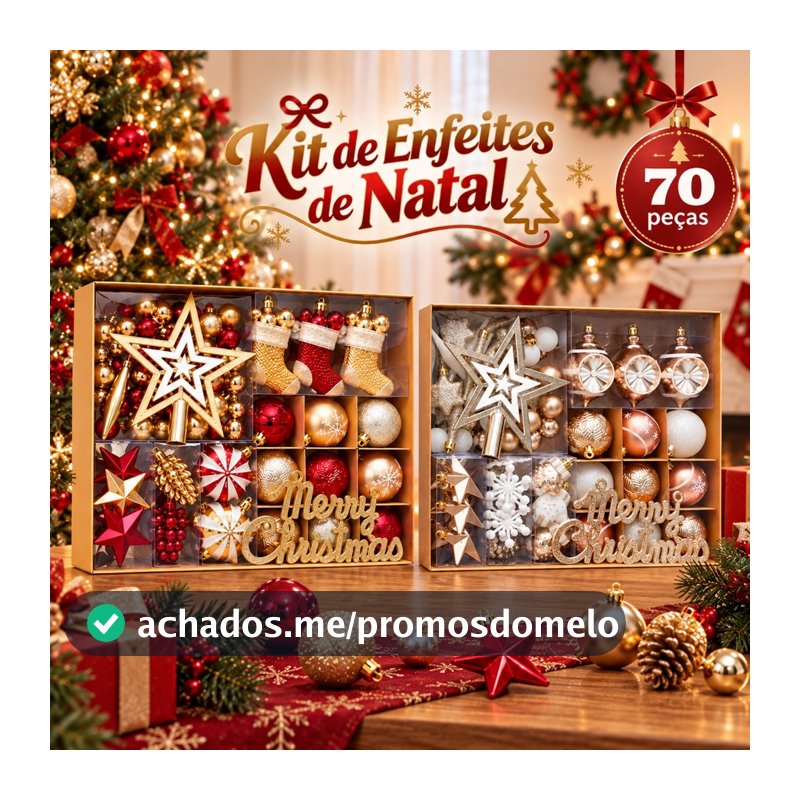 Kit 70 Peças Enfeites de Natal Vermelho e Dourado Decoração Natalina para Árvore, Guirlanda e Casa