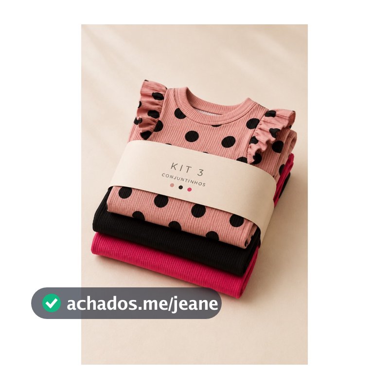 Kit 3 Conjuntos Menina Canelado Manga Longa com Babado e Legging Rosa Preto Bolinhas