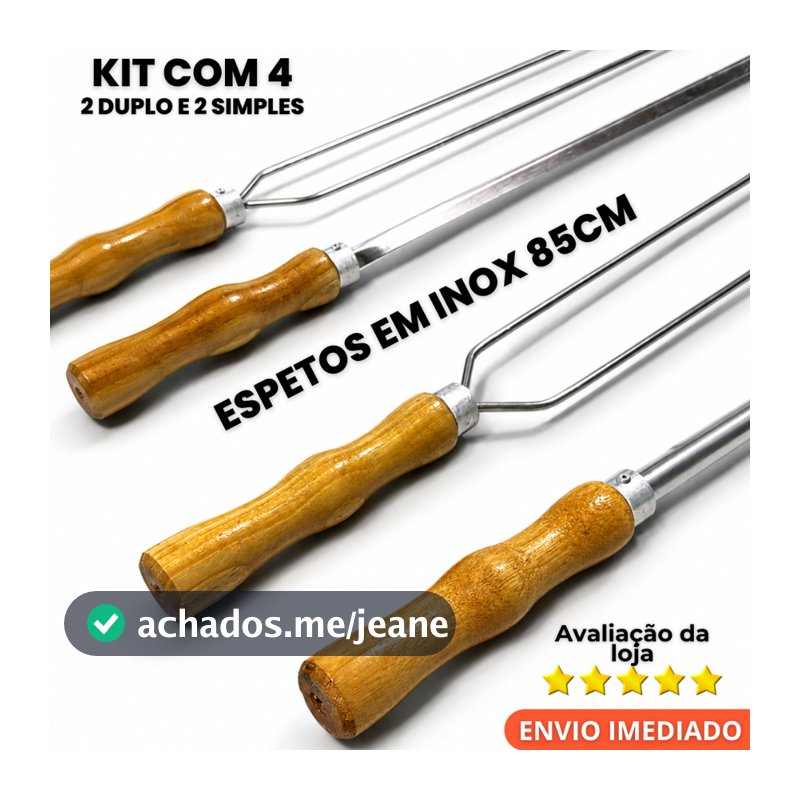 Kit 4 Espetos para Churrasco Premium Inox com Cabo de Madeira – Qualidade Acabamento Profissional