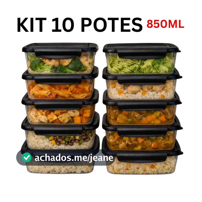 Kit 10 Marmitas Conjunto Potes 850ml com Travas Laterais Livre de BPA - Organizadores de Congelador